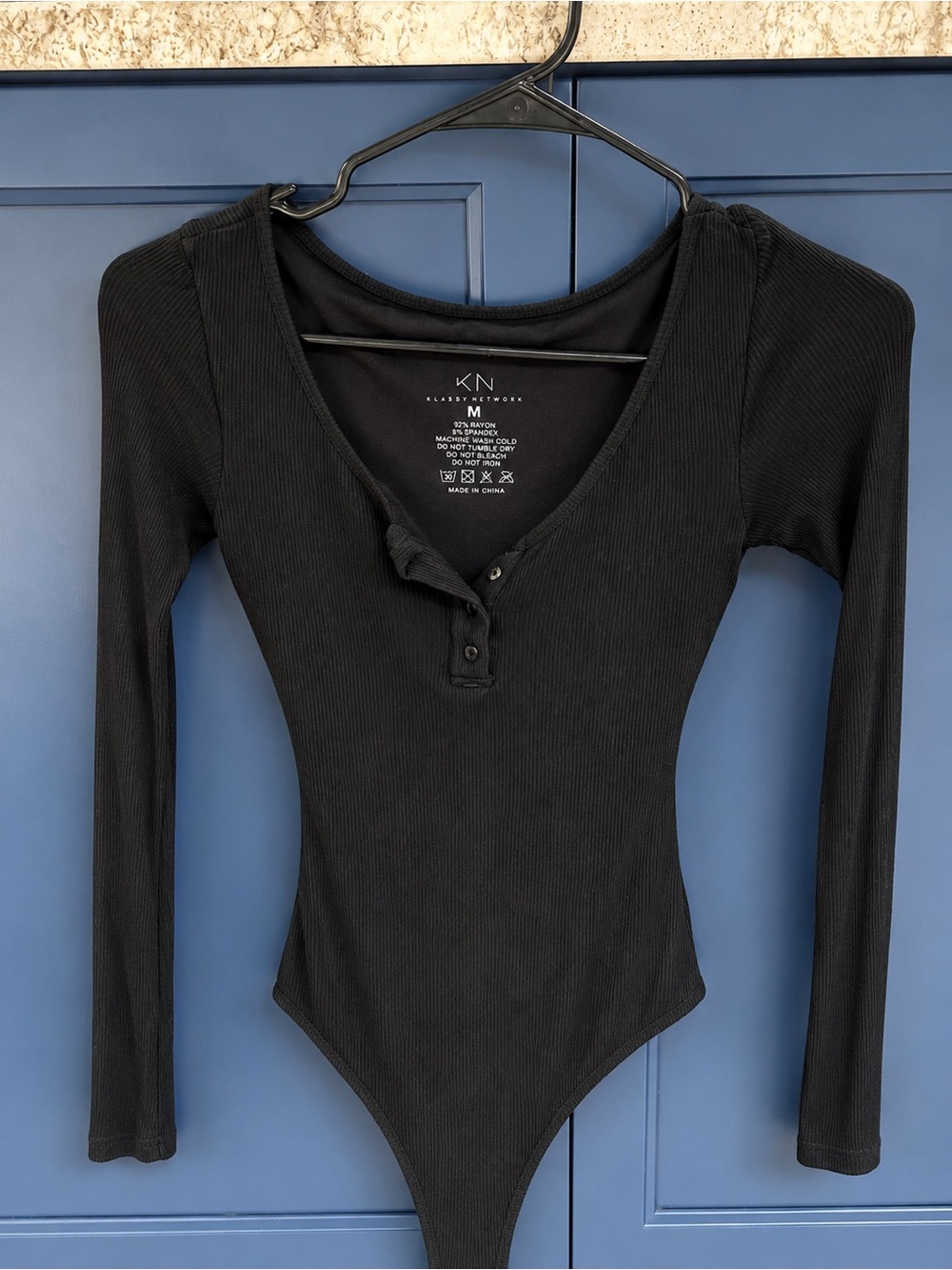 Klassy Network Black Ribbed Long-Sleeve Henley Bodysuit